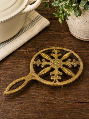 VTG Japan Cast Iron Brass Trivet Snowflake Scandinavian Mid Century Hot Plate
